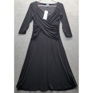 B-Slim Built-in Shapewear Dress Womens Small Black 3/4 Sleeve Faux Wrap V-Neck